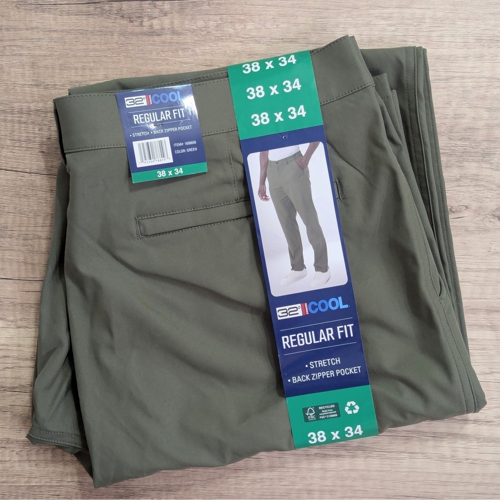 32 Degrees Cool Performance Pant, Green, Regular Fit, Stretch, Men's 38x34, NEW